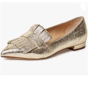 XYD Gold Vintage Fringe Dress Pointy Toe Slip Ons Driver Chunky Low Heel Shoes